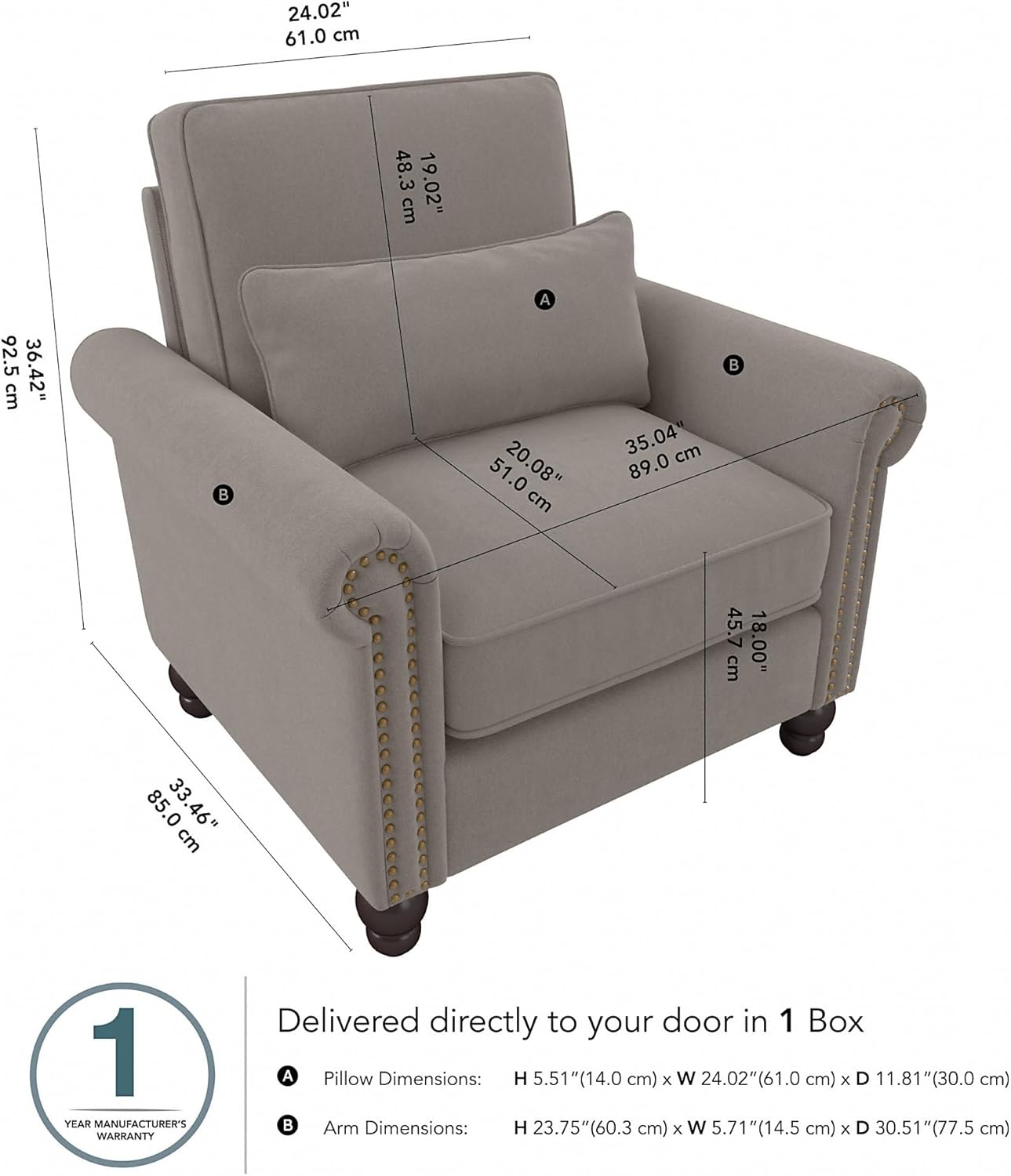 Bush Home Accent Chair with Arms, Armchair with Pet-Friendly Fabric Upholstery for Traditional Living Room, Coventry Collection, Beige Herringbone