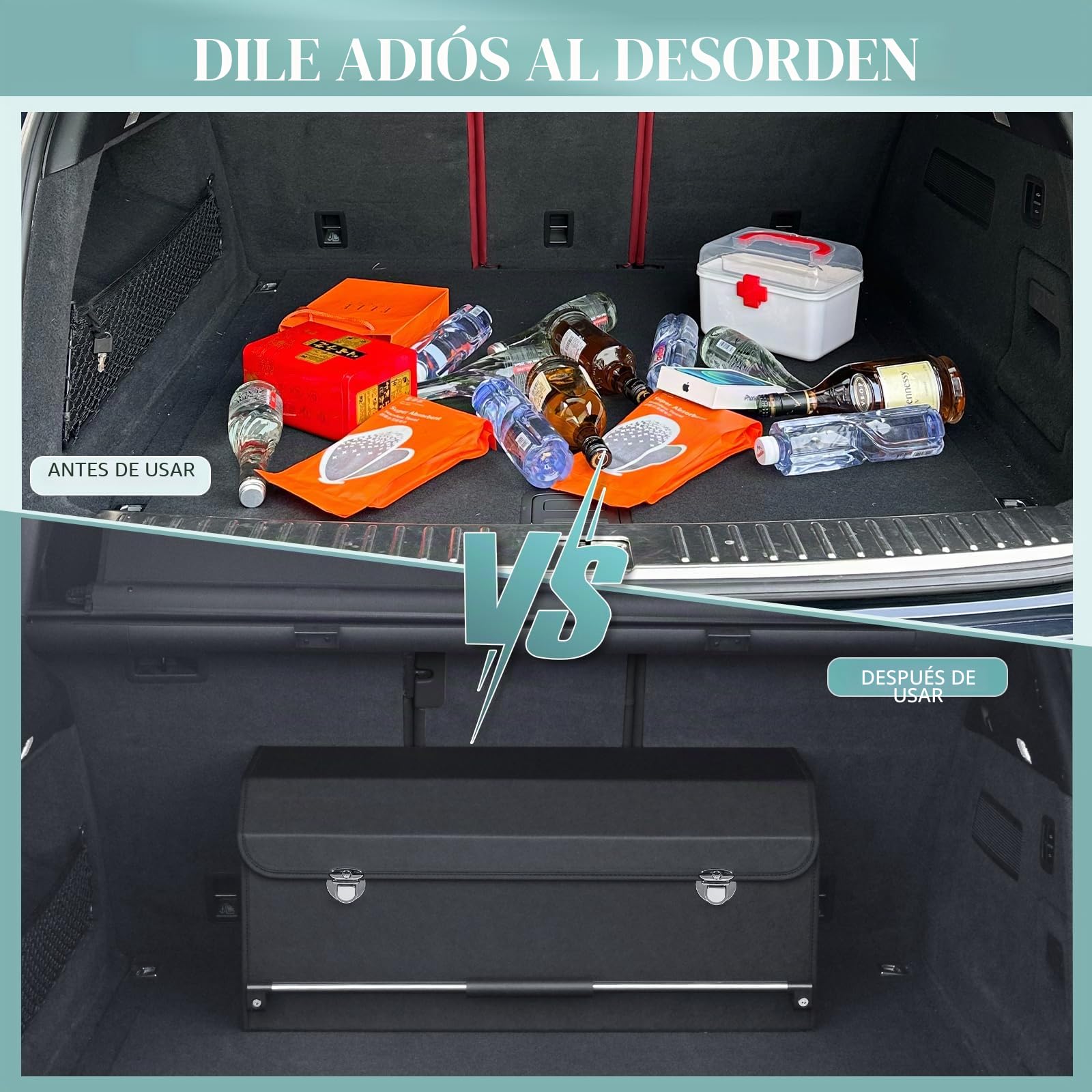Organizador de Maletero de Gran Capacidad 60L para Coches y SUVs - Caja de Almacenamiento con Tapa, Asa Robusta y Base Antideslizante - Compartimento Extraíble(Negro, 69x29x31cm)