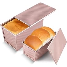 MEETOZ 2 Pack Pullman Loaf Pan with Lid, Baking Dish, Baking Molds, 1 lb/0.5 lb Dough Capacity, Golden Corrugated arbon Steel Bread Toast Box for Bakeware, Homemade Cakes, Baking Breads and Meatloaf