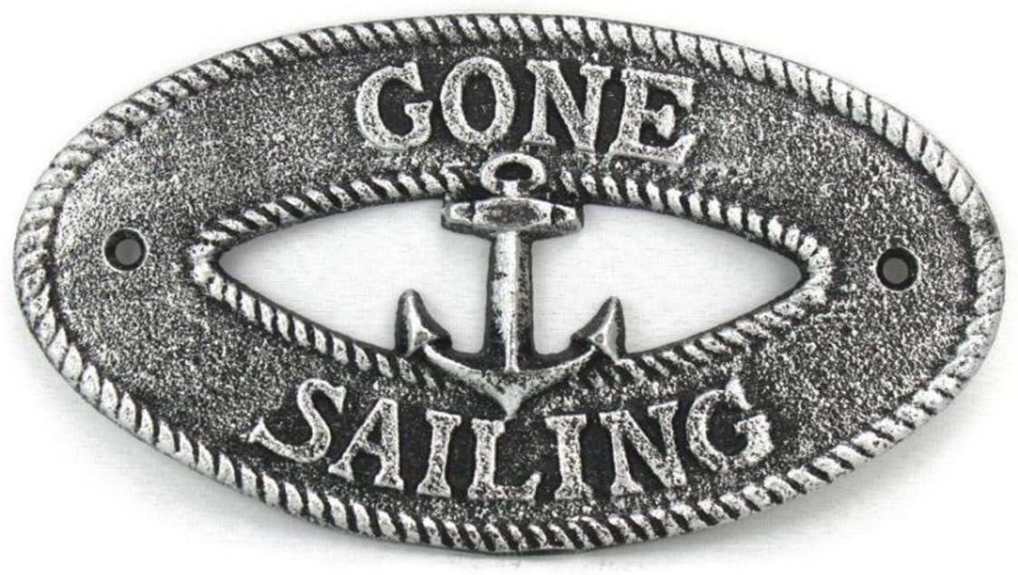 Hampton Nautical K-9304-silver Antique Silver Cast Iron Gone Sailing with Anchor Sign 8" - Decorative Metal Wall Art - Cast Iron Nautical