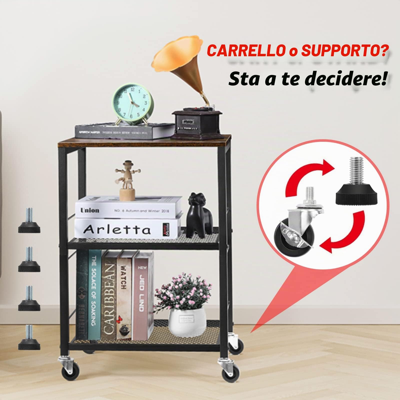LIANTRAL Carrello con 3 ripiani, carrello da servizio rustico, Robusto scaffale portaoggetti, carrello da cucina, carrello multifunzionale con piano in legno e ruote, carrello da servizio per cucina