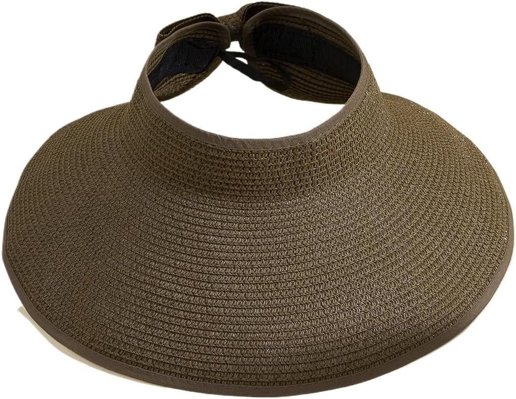 Women's Foldable Straw Visor – Wide Brim Outdoor Hat with Bow and Open Crown for Summer Beach Wear