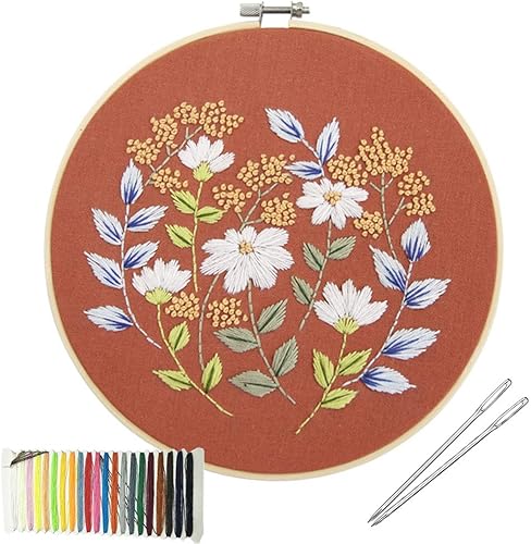 Y-BOX Kit de iniciación de bordado con patrón, gama completa de kits de bordado con 1 paño de bordado con patrón, 1 aro de bordado de bambú, kit de