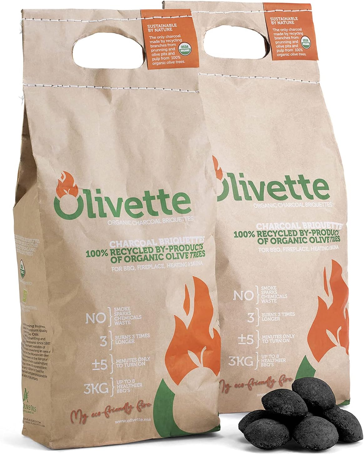 OLIVETTE Organic BBQ Charcoal Briquettes, 2-Bag Pack, 6.6 lb Each