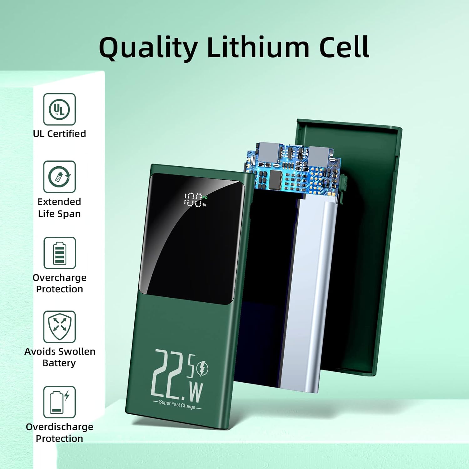 JONKUU Portable Charger internal components with safety certifications and features like overcharge protection