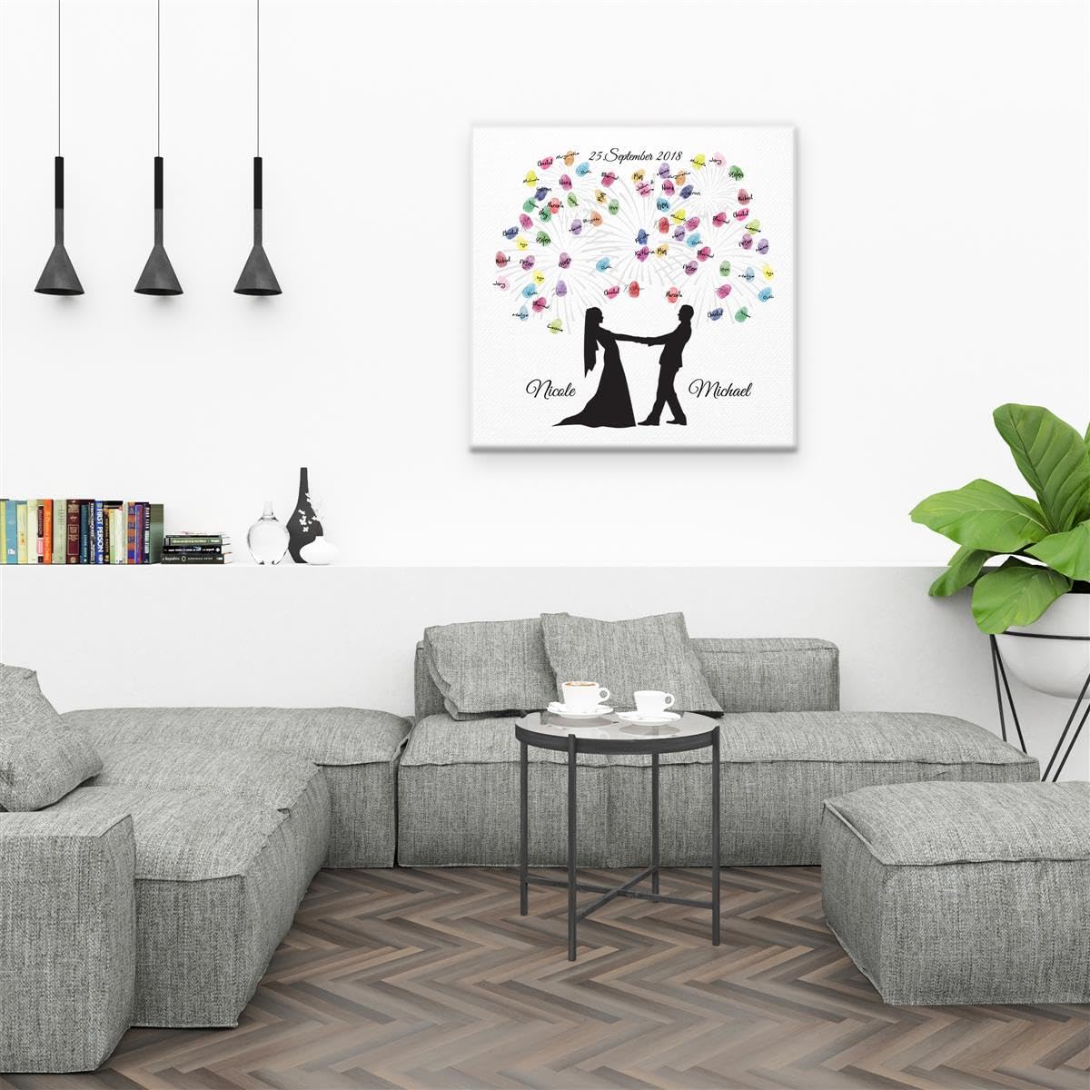 Madyes Płótno Ślub Odcisk palca Księga gości Spersonalizowana Para Młoda Para Fajerwerki jako prezent, dekoracja ślubna, imiona z datą. 50 x 50 cm duży na