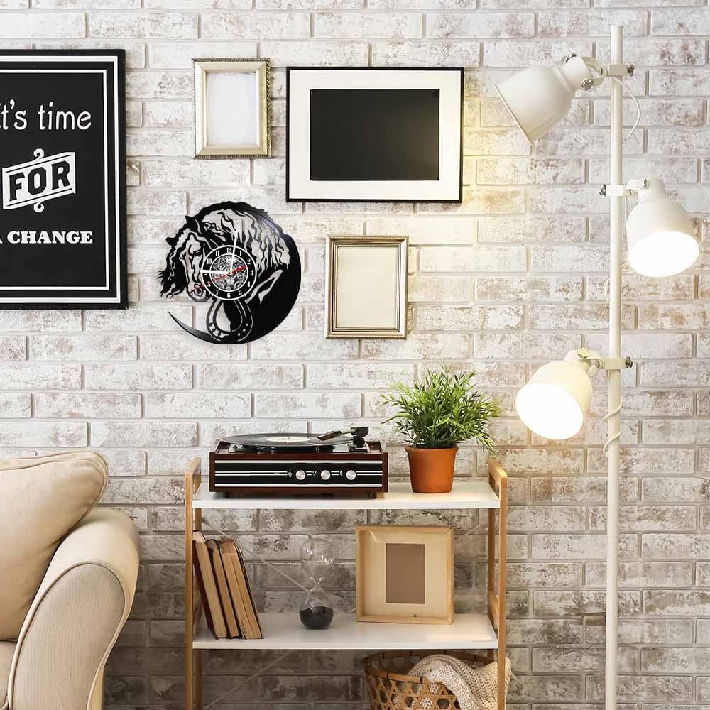 The Geeky Days Horse Head Luminous Vinyl Record Wall Clock for Farmhouse Stable Ranch Barn Glowing Neon Sign Decorative Illuminated Timepieces Equestrian LED Night Light Wall Clock Horse Lovers Gift