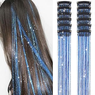 Hair Tinsel Clip in 12 Pcs 20 Inch Glitter Blue Tinsel Hair Extensions Festival Party Dazzle Fairy Hair Accessories Strands Kit