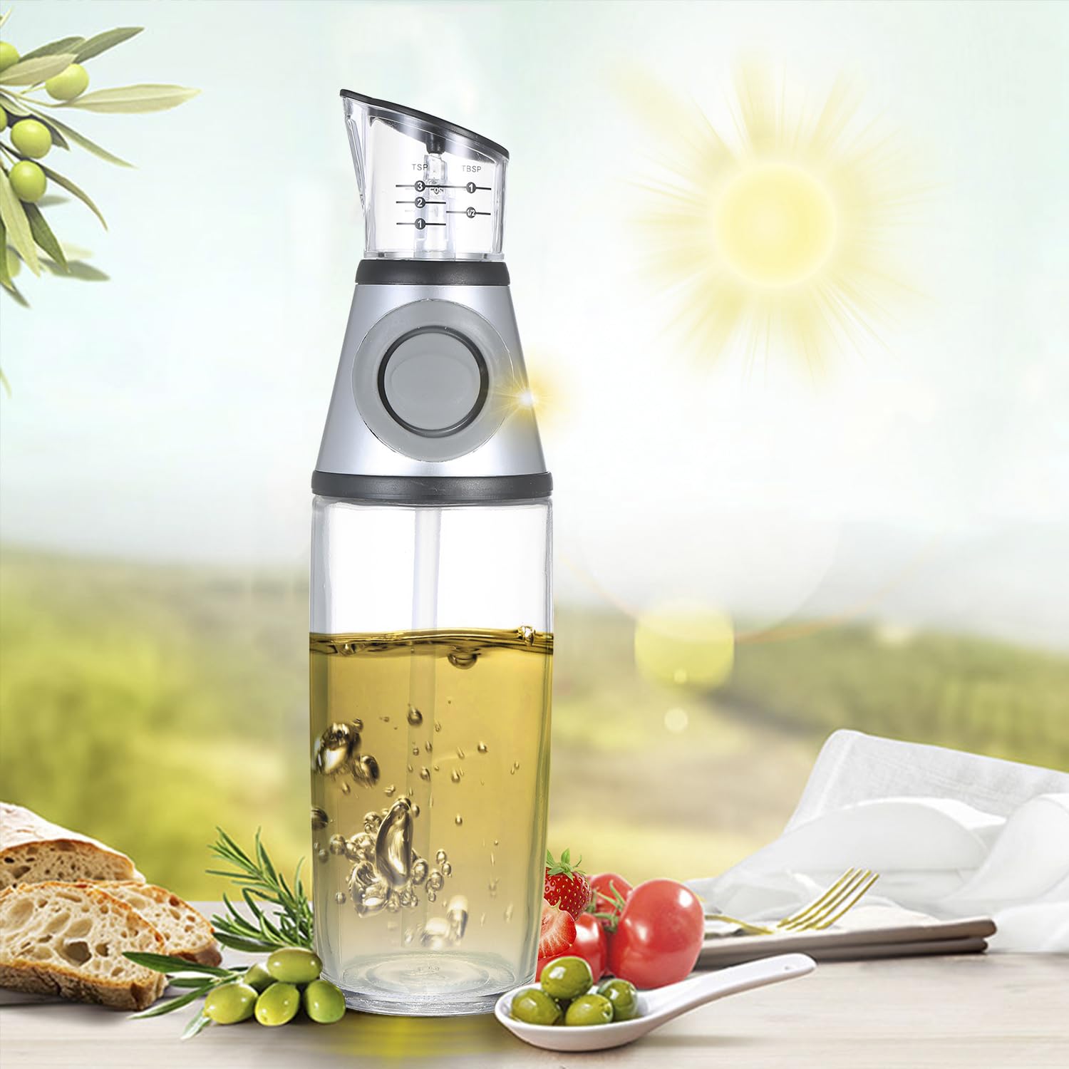 Dispensador de aceite de oliva, botella de vidrio de vinagre, sistema de bombeo de control de porciones, aderezo, vinagre, vertido para cocinar con taza medidora, 500 ml
