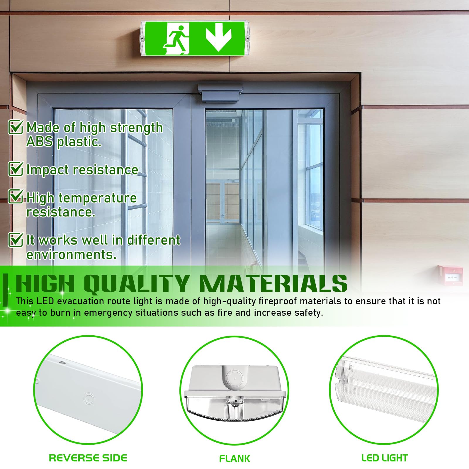 Cartello di emergenza professionale a LED con illuminazione di emergenza a batteria, IP65, impermeabile, 4 pittogrammi di sicurezza intercambiabili, ricarica automatica per illuminazione via