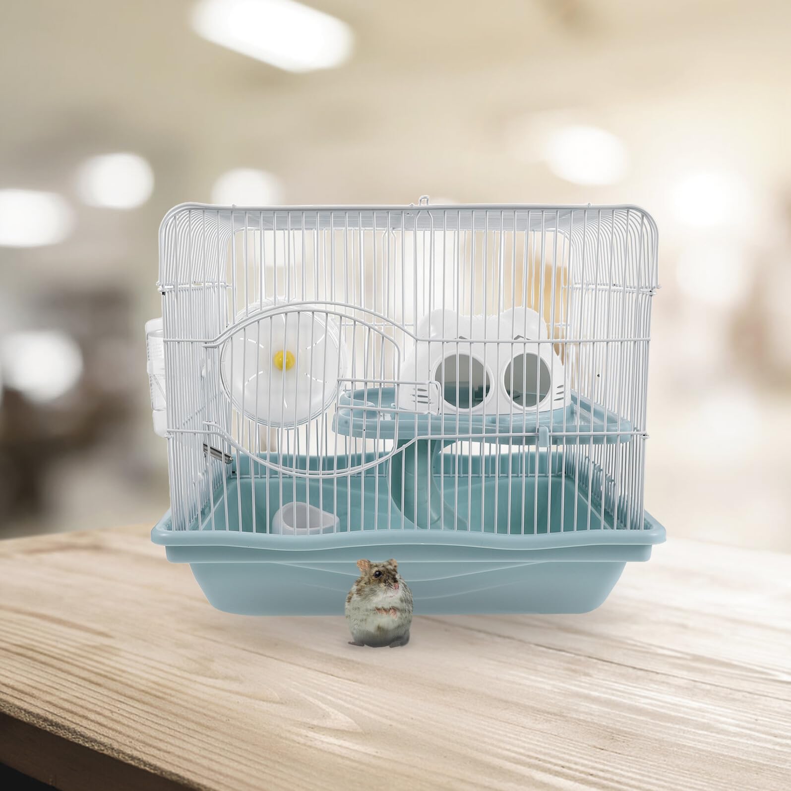 Dwupiętrowa Plastikowa Klatka dla Chomika z Kółkiem Do Ćwiczeń i Schronieniem Zabezpieczona przed Ucieczką z Wyjmowaną Tacą Idealna Jako Przestronne Siedlisko dla Gerbili i Myszy