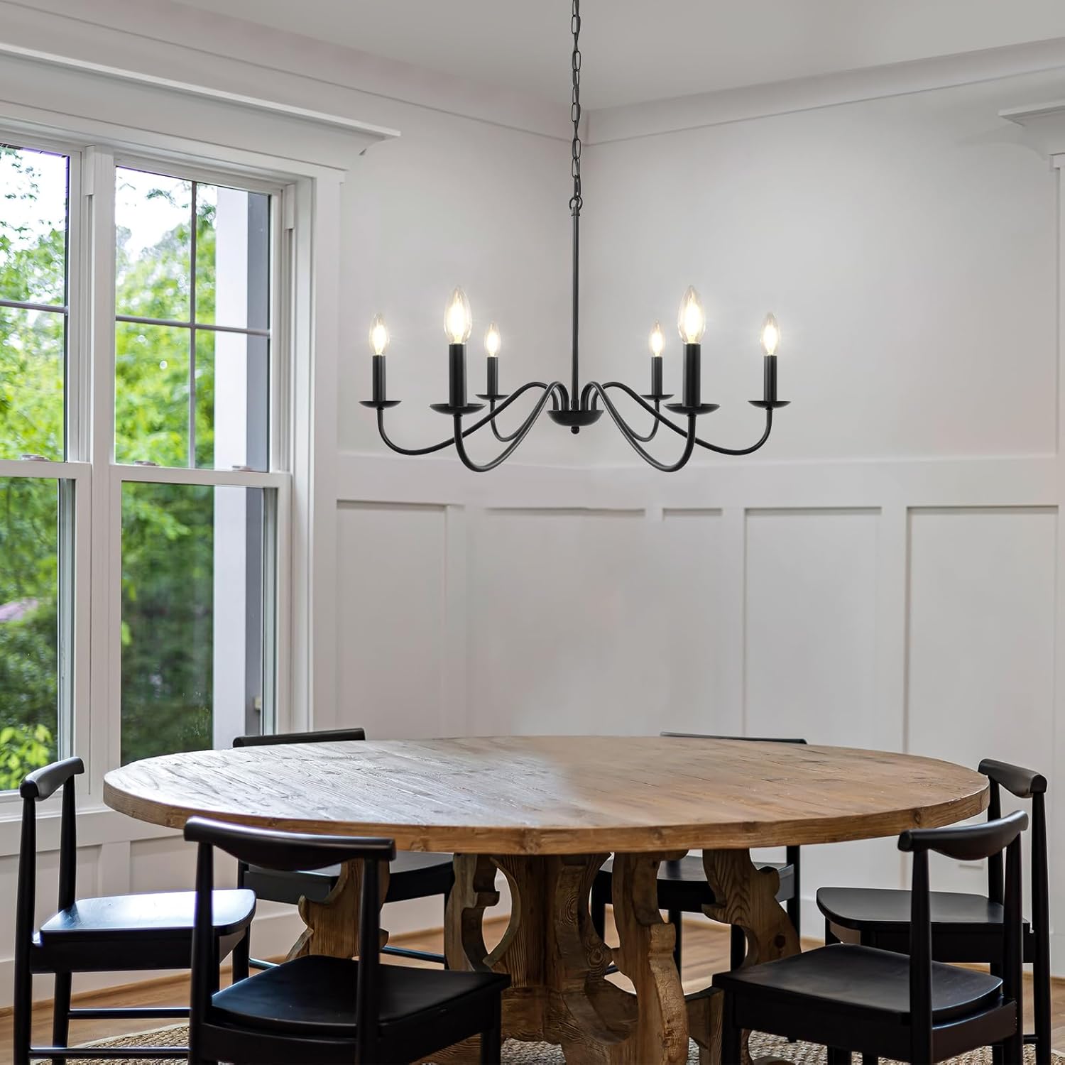 6-Light Black Chandelier for Dining Room, Farmhouse Industrial Chandelier Over Table, Pendant Light Kitchen Island, Candle Light Fixture for Bedroom, Foyer, Hall, Kitchen and Entryway