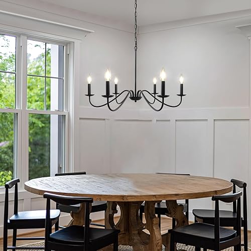 Miniatura 2 de Cunfash Candelabro negro de 6 luces para comedor, lámpara industrial de granja sobre mesa, lámpara colgante para isla de cocina, lámpara de vela