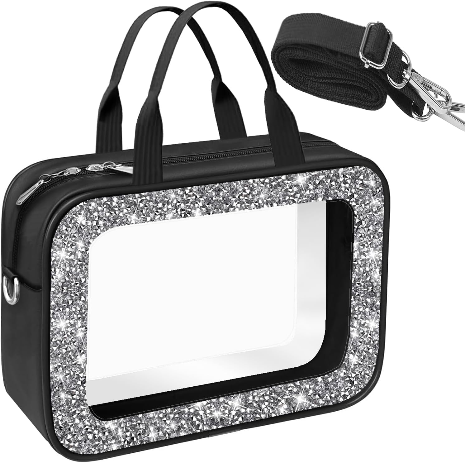 Meetart Clear Makeup Bag.Crushed Diamond Travel Toiletry Bag with Detachable Shoulder Strap.Transparent Cosmetic Bag for Travel, Bathroom Storage.(Black)