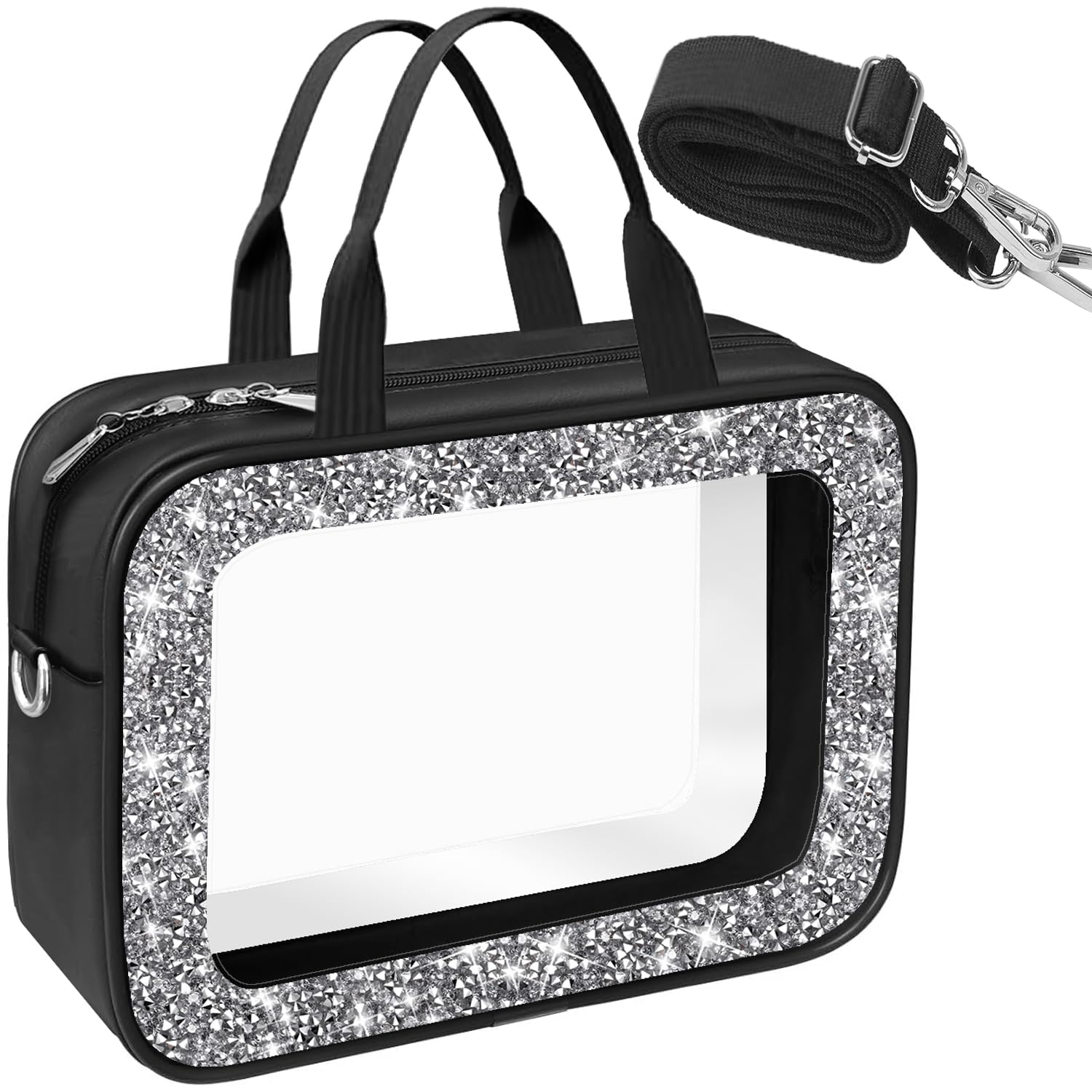 Meetart Trousse de toilette de voyage en cuir avec strass écrasés, Noir diamant, Tendance