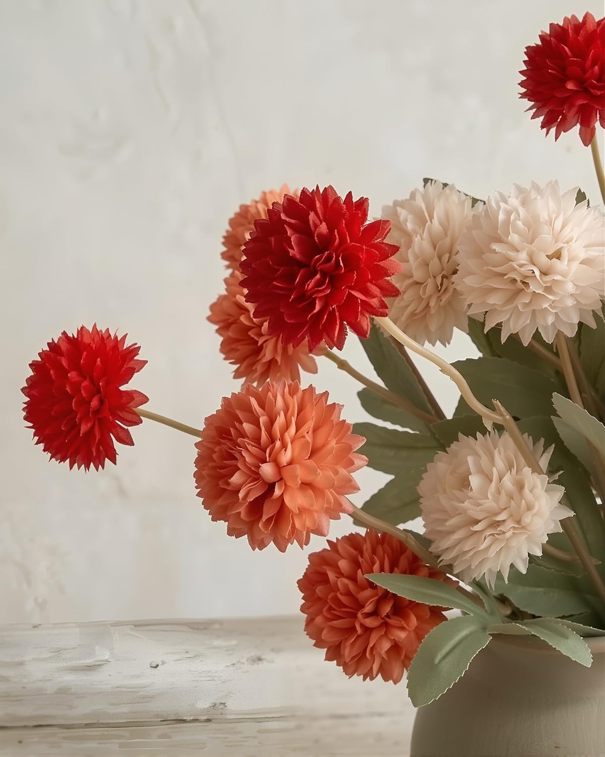 Artificial Pompon Mum Flowers with Stems for Vase, 8Pcs Fake Kiku Silk Mini Chrysanthemum Ball Faux Mum Home Decor, Spring Fall Centerpieces Arrangements, Filler DIY Bouquet(Red,Burnt Orange,Peach)