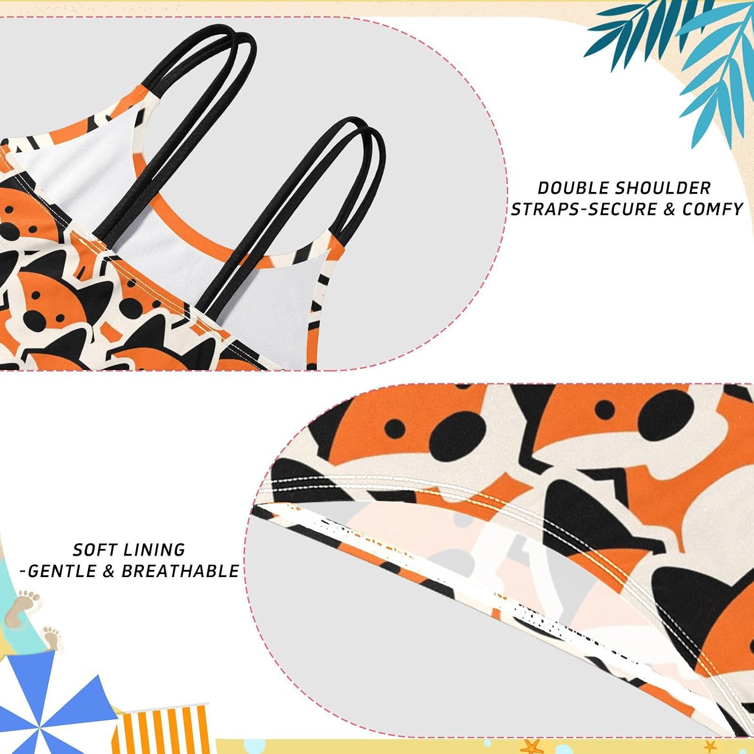 visesunny Girls Two Piece Swimsuits Orange Fox Cartoon Vector Girl's Bikini Sets Bathing Suits for Girls Size 5-12Y