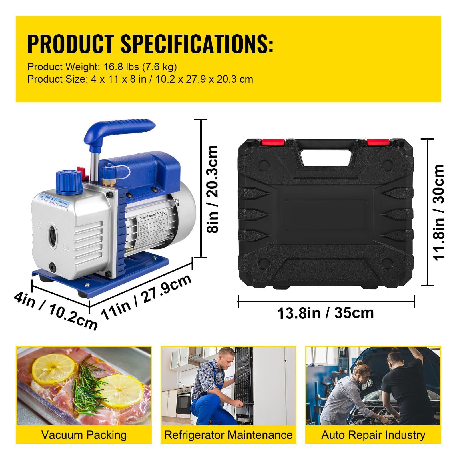 Bomba de vacío de 4 CFM, 1/3 HP, bomba de paletas rotativas de una etapa, kit de evacuación de refrigeración HVAC y aire acondicionado con cristal de mirilla de aceite, kit de manómetro y 3 mangueras