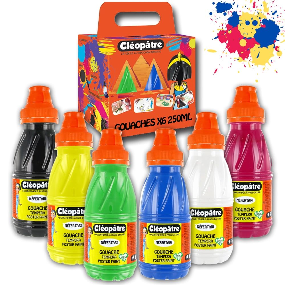 CLEOPATRE - Lote de 6 Botes de Aguada Néfertari, Colores Primarios - Pintura que Cubre, Multisuperficie - Fácil de Manejar, Desde Infantil - Lavable a Máquina - 6x250ml