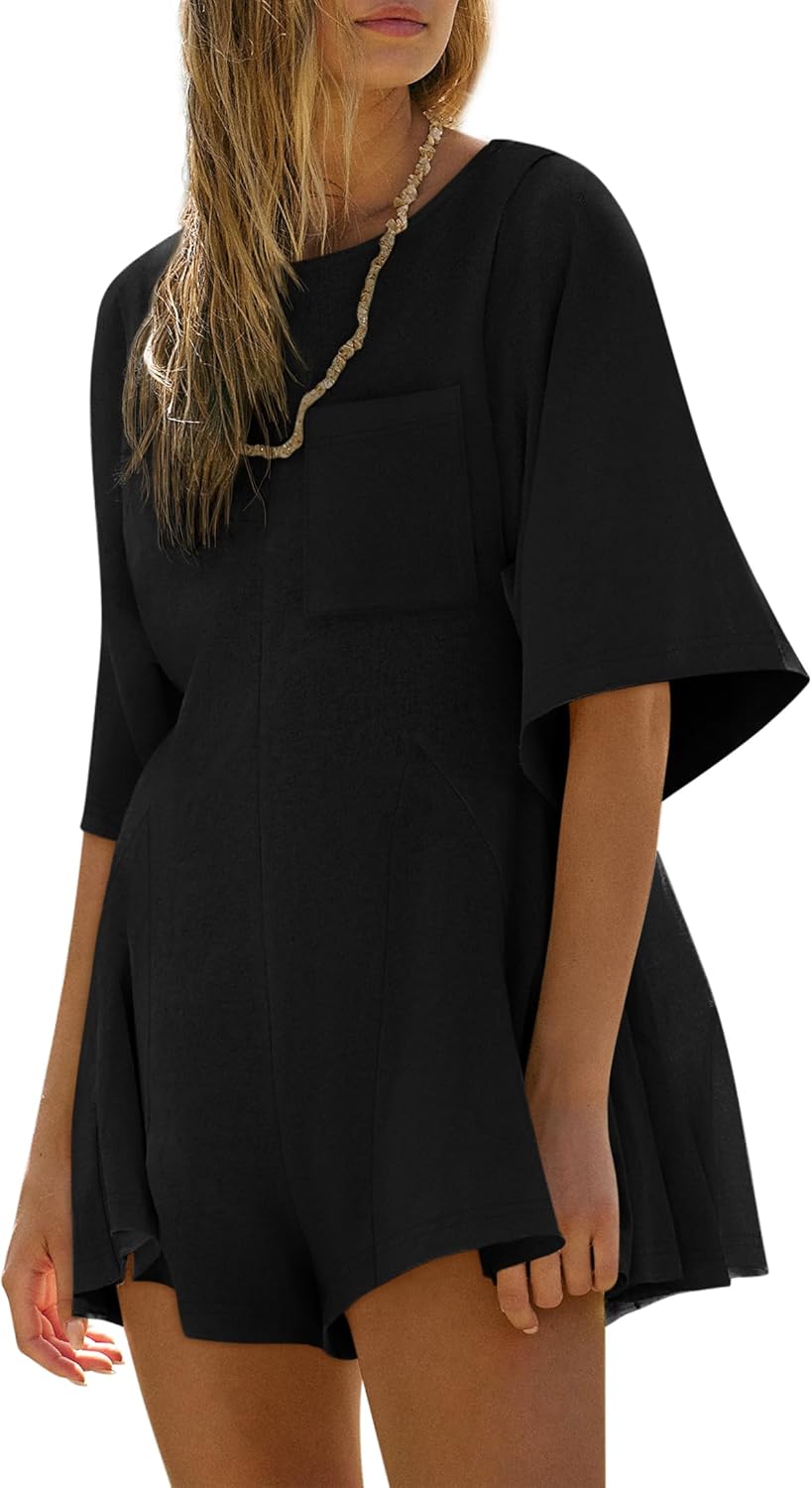 Yousify Rompers for Women Summer Outfits Slim Fit Short Sleeve Crew Neck Jumpsuits with Pocket