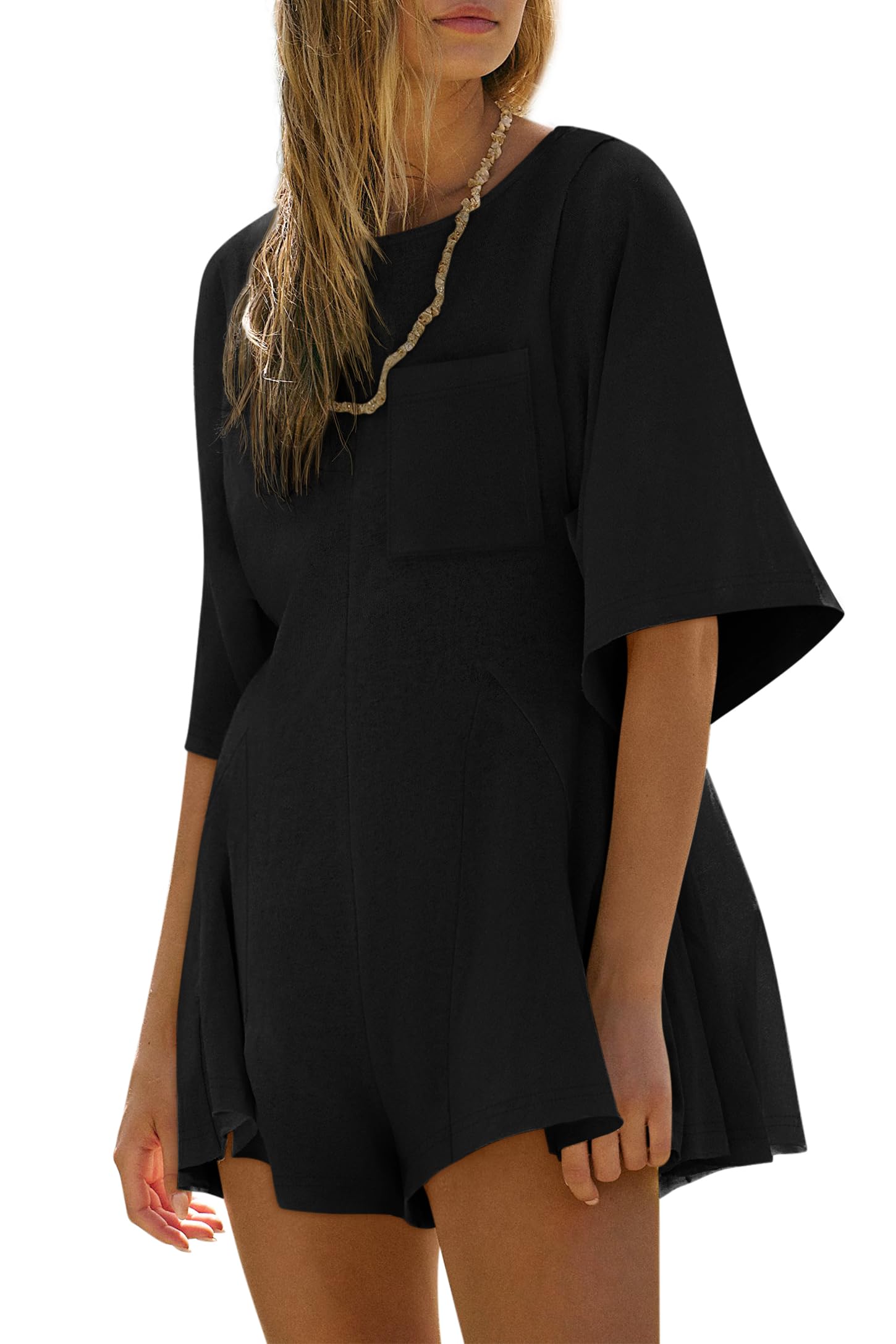 Yousify Rompers for Women Summer Outfits Slim Fit Short Sleeve Crew Neck Jumpsuits with Pocket