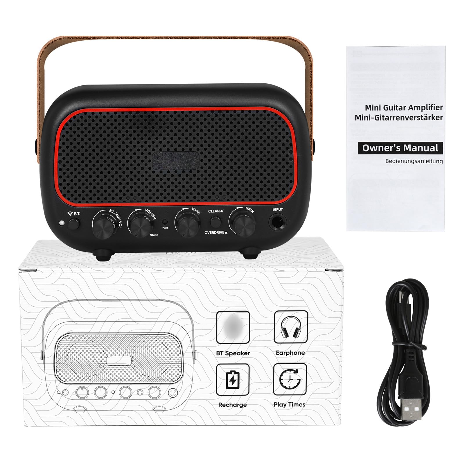 Tragbarer Gitarrenverstärker 10 W, BT-Musikwiedergabeverstärker, Wiederaufladbarer Batterieverstärker mit Kopfhöreranschluss und Sauberer Overdrive-Dual-Tone-Steuerung, Ideal für E-Gitarre
