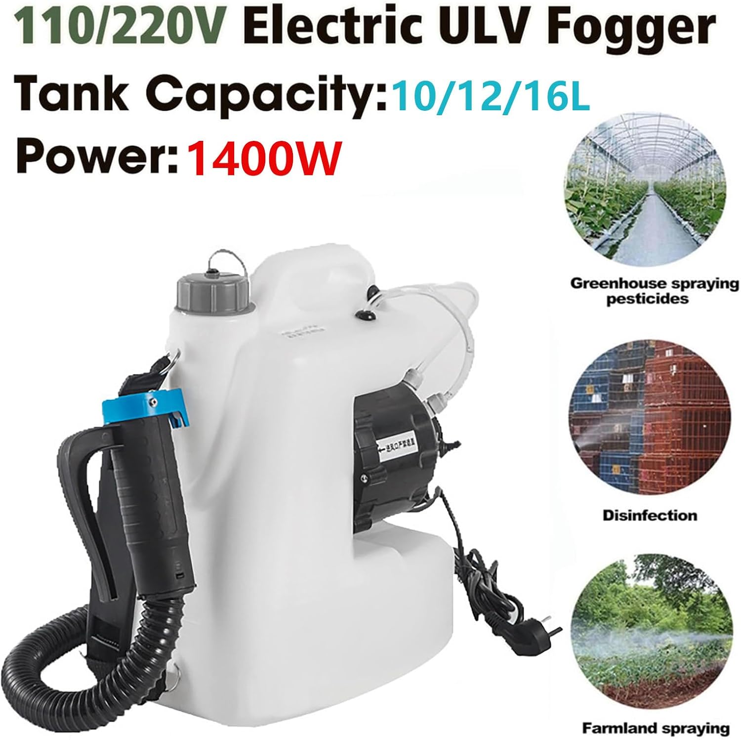Electric ULV Fogger Machine with 10/12/16L Tank, Commercial Sprayer Portable Backpack Fogger Machine with Telescopic Hose for Large Area Coverage, Atomization Volume 450ml/min (12L)