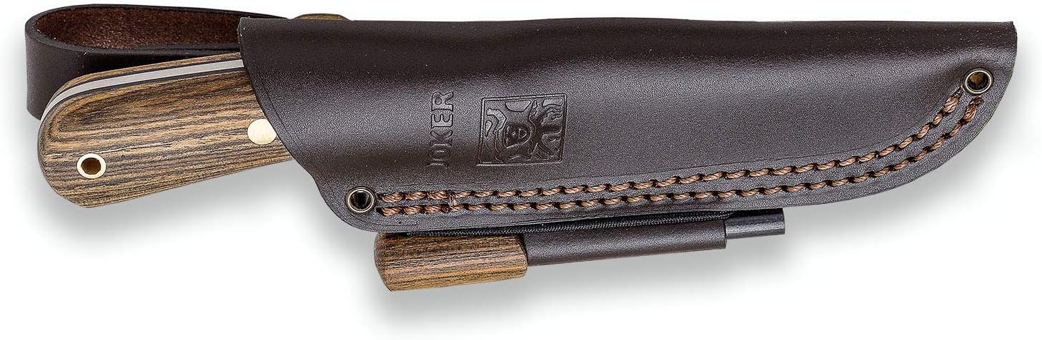 Joker Mountaineer CB134-P hunting knife, 4.3in Sandvik 14C28N blade, brown leather sheath, fishing, hunting, camping and hiking tool (Bocote Wood + FireStarter)