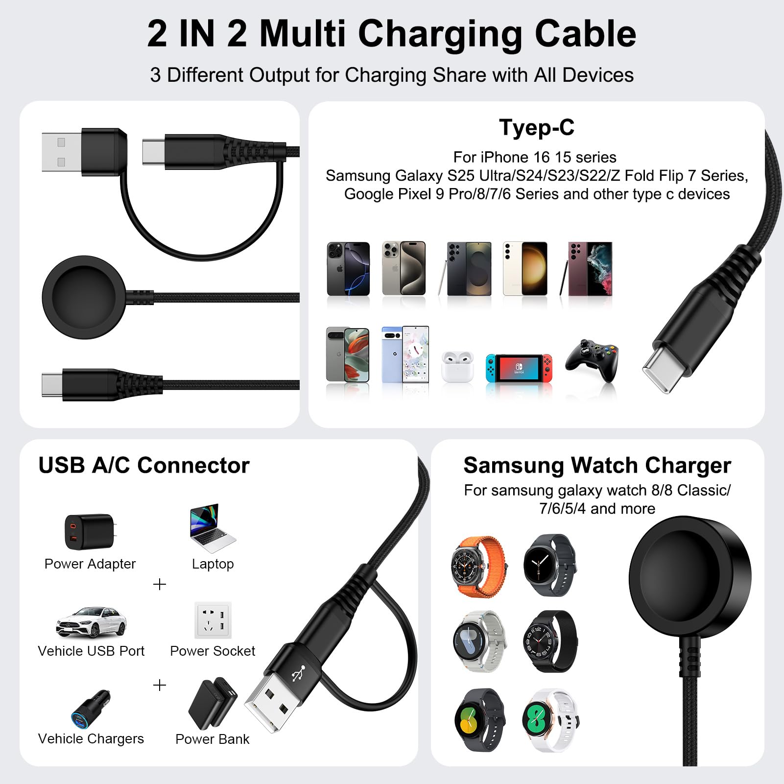 Cargador de reloj Samsung de carga rápida compatible con Galaxy Watch 8/8 Classic/7/Ultra/6/5 Pro/5/4.2 pulgadas, 2 USB C/A, cargador de teléfono Samsung de 6 pies con bloque de carga dual de 20 W