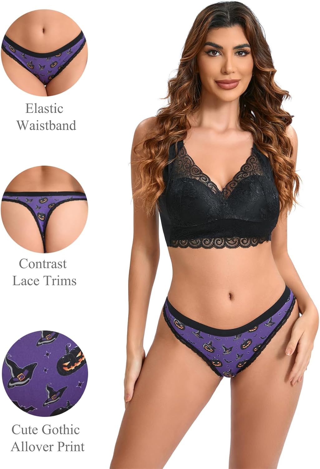 Morvia Variety of Panties Thongs Sexy Cute Chic Gothic Contrast Lace Halloween Skulls Stars Inspired Print Random Underwear - Image 3