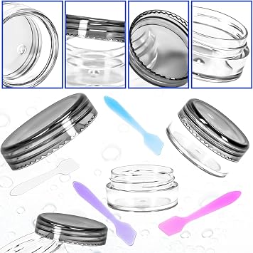 100 Pcs 5g Empty Plastic Containers with Black Lids,Mini Makeup Sample Containers, Small Sample Pot Jars Round Cosmetic Jars with Mini Spatulas for Liquid Sample Powder Creams Lotions