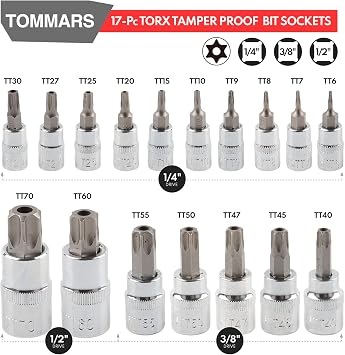 TOMMARS 60-Pc Master Torx Bit Socket and External Socket Set 1/4, 3/8, 1/2 Drive, S2 Steel Bits, CRV Sockets E4-E24, T6-T70,TT6-TT70,TP8-TP60