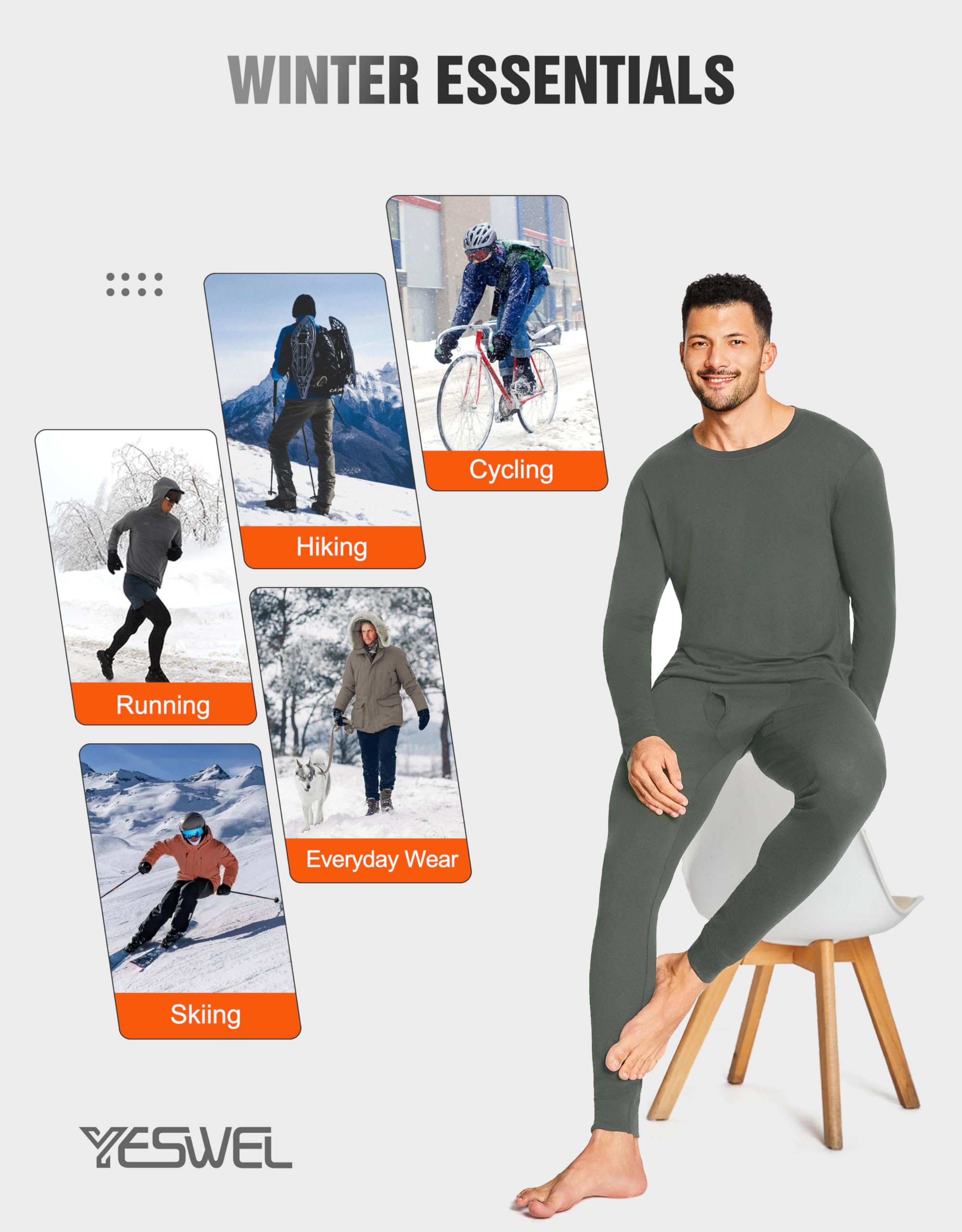 YESWEL 100% Ropa Interior de Merino para Hombre, Juego Termo Interior Suave para Invierno, Ropa Interior de Esquí de Lana Merina Cálida, Camisa de Manga Larga y Pantalón (Talla M-XXL)
