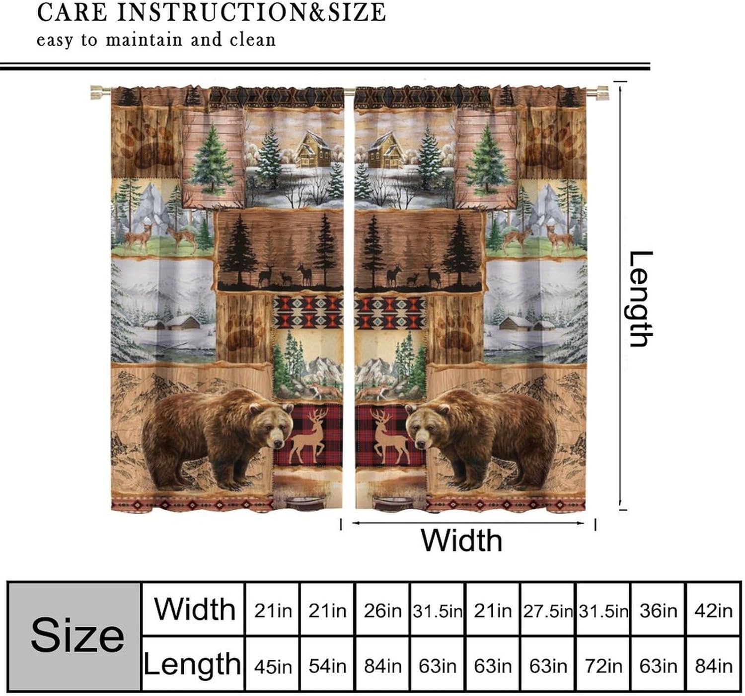 Vintage Rustic Bear Deer Blackout Curtains for Bedroom,Old Country Hunting Lodge Forest Elk Brown Bear Pine Tree Checker Valley Bear Paw Prints Window Drapes Print for Farmhouse Living Room 42x63in