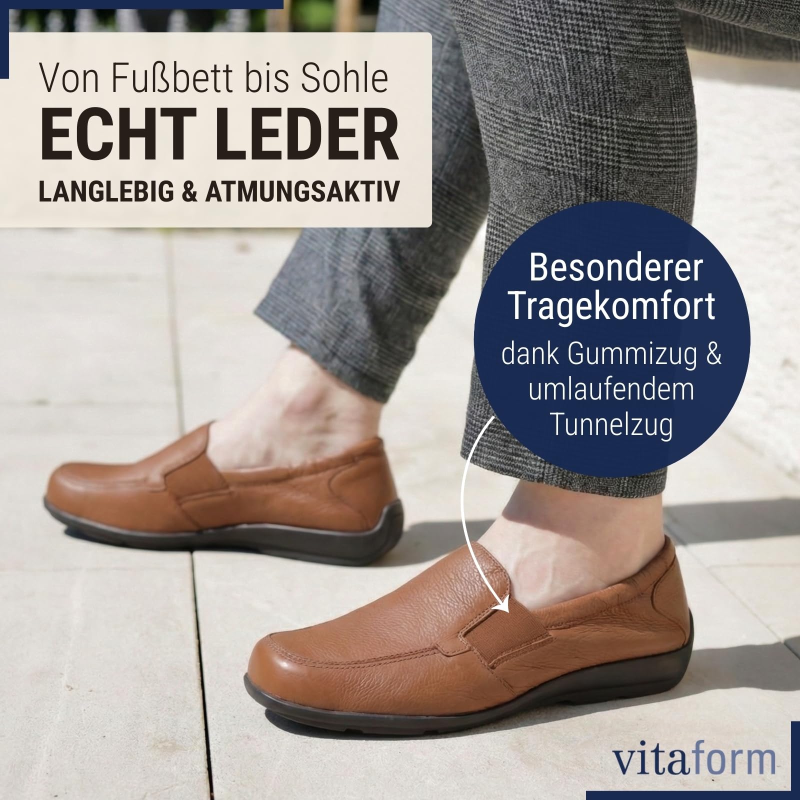 VITAFORM® Mokassins für Herren | Slipper | atmungsaktives Hirsch-Leder | Shock Absorber | austauschbares Luftpolster-Fußbett | weich und geschmeidig | für Normale bis kräftigere Füße