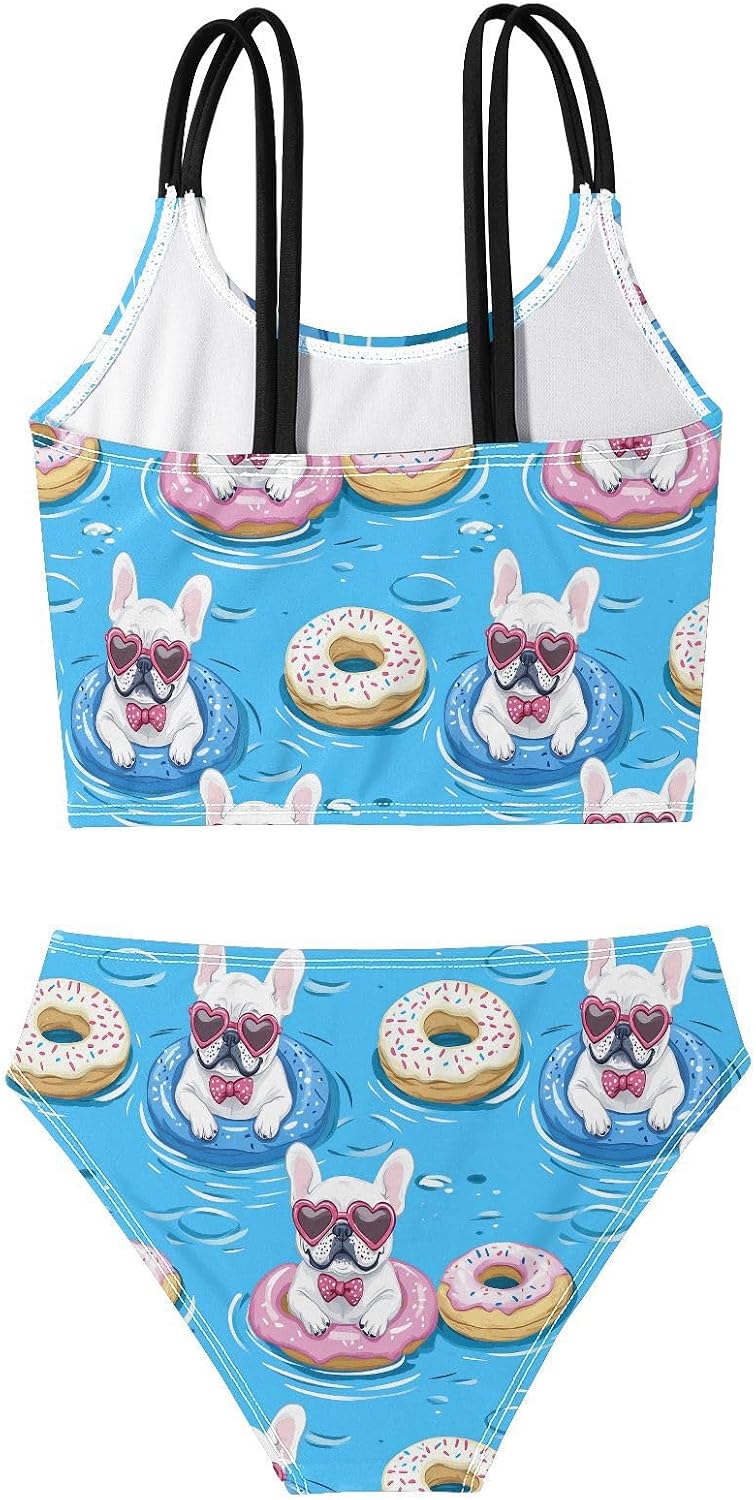 visesunny Girls Two Piece Swimsuits Donut Swim Ring Bulldog Girl's Bikini Sets Bathing Suits for Girls Size 5-12Y