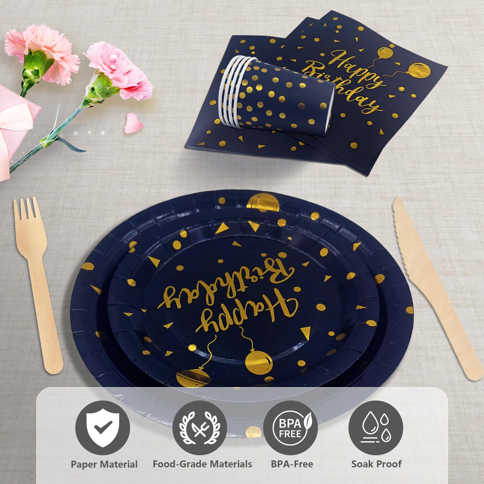 193 Pieces Happy Birthday Partygeschirr Set | Kindergeburtstag Marineblau Gold Pappteller | Tablecloth, Plates, Cups, Napkins, Papier Strohhalme und mehr (24 Gästes)