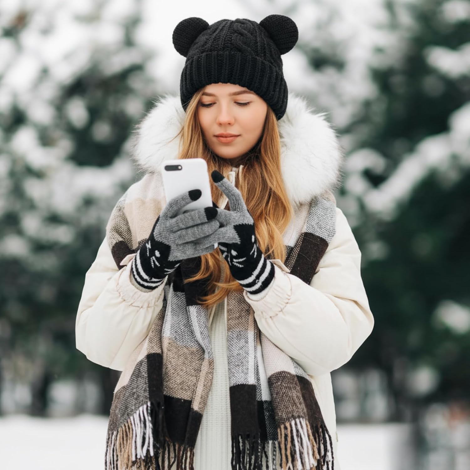 Ramede Women's Cute Cat Ears Beanie and Touchscreen Gloves Set, Double-layered Knitted Winter Hat Warm Woollike Crochet Ski Headgear and Knit Gloves New Year Anime Gifts for Women for Cold Weather - Image 5