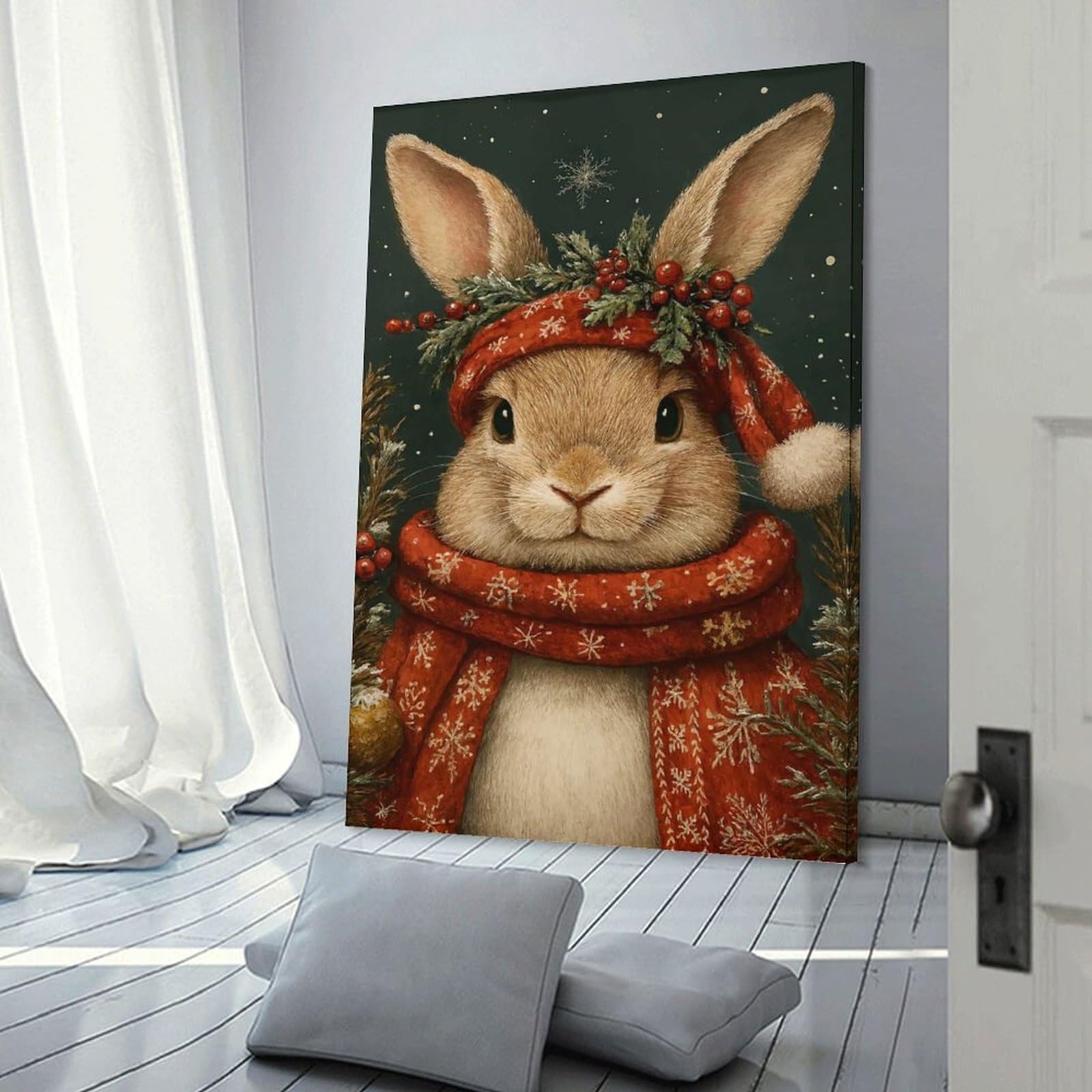 Junmoney Winter Rabbit Portrait Decorative Canvas Print, 20x30inch(50x75cm), for Gallery Wall Decor And Room Displays, Wall Decor Suited to Curated Displays