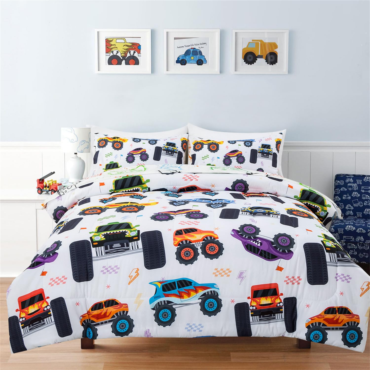 Holawakaka Boys Twin Size Off-Road Racing Truck Print Bedding Comforter Set with Sheets, Cartoon Race Trucks Printed Bed in A Bag 5 Pieces Kids Teen-Boys Monster Cars Dorm Reversible Bed Sets,Multi