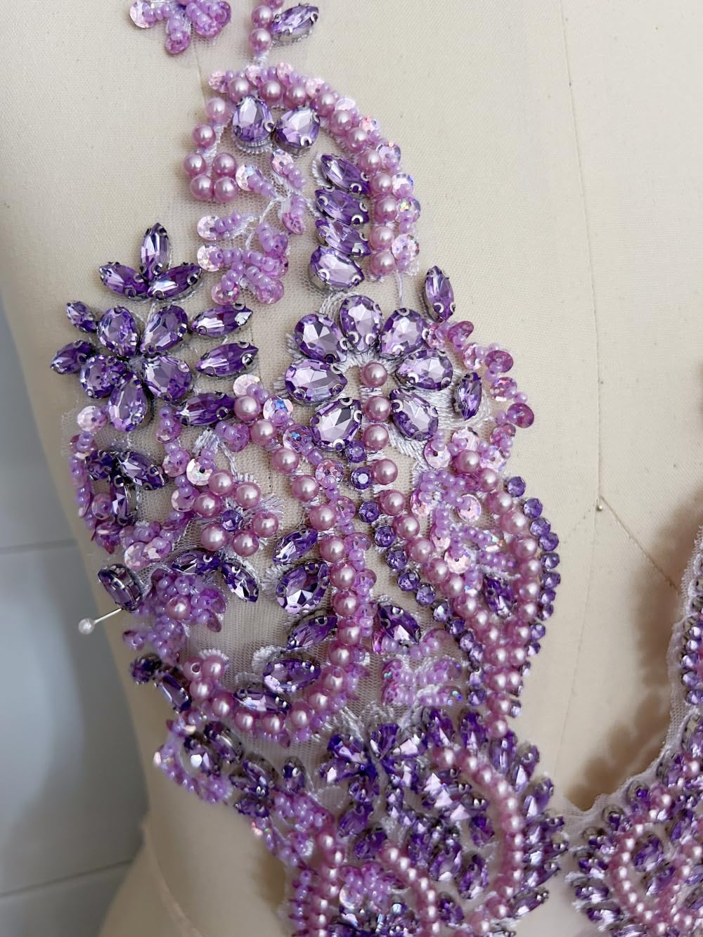 Lace Patch Embroidered Rhinestone Applique with Crystal Glass Beads (11.8" x 25.2") for Dresses, Wedding Gowns, Costumes, DIY Clothing Accessories (Light Purple)