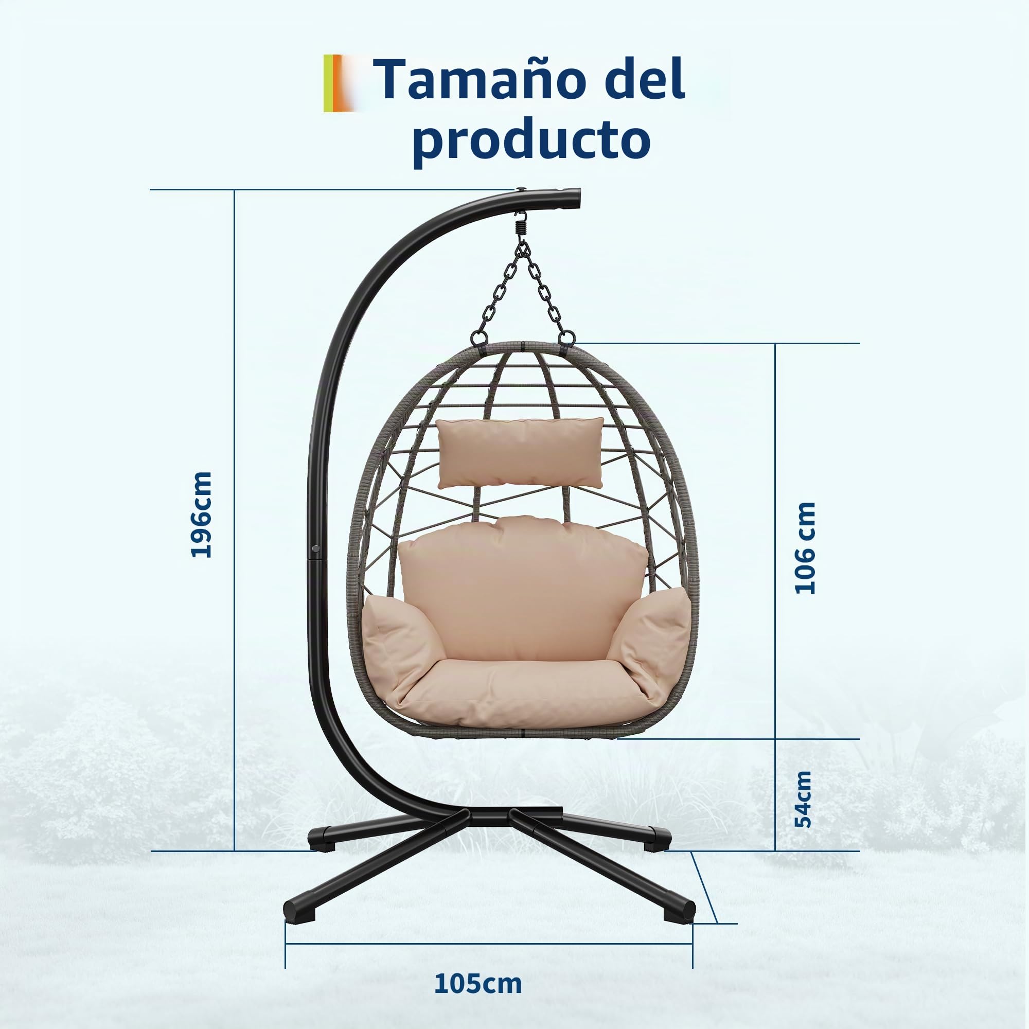Hamaca colgante con estructura para exteriores, soporta hasta 150 kg, de ratán con estructura de metal, ideal como asiento colgante para interior, con estructura para jardín, terraza y balcón, color