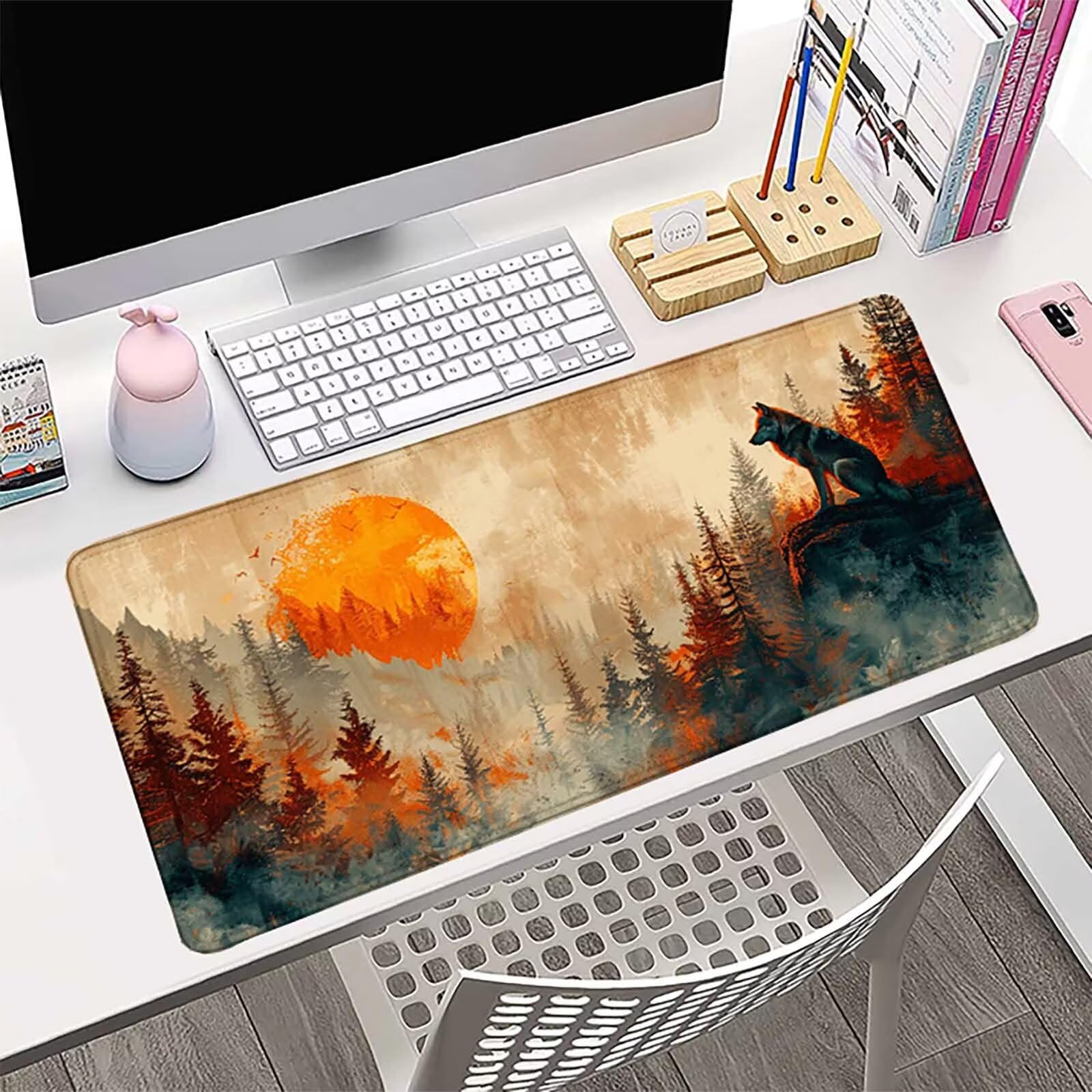 Selva Alfombrilla Ratón Lobo Alfombrilla Gaming XXL 1500 x 800mm, Impermeable Mouse Pad con Bordes Cosidos Tapete Escritorio con Base de Goma Antideslizante para Accesorios Gaming, Oficina -zzg25051Q