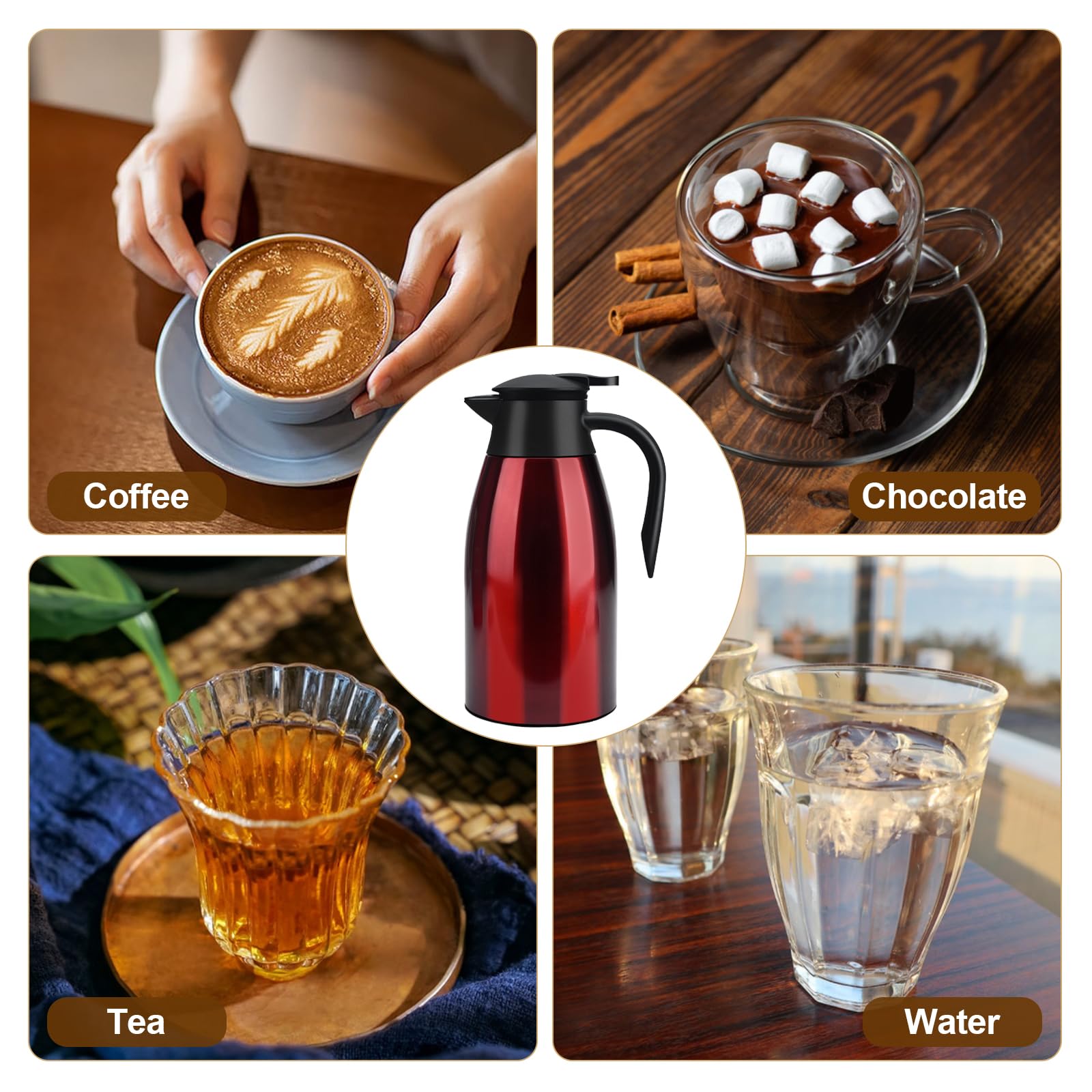 Caraffa Termica 2 litri in Acciaio Inox, Thermos Caffe, Teiera termica, Thermos a Doppia Parete, Isolata Sotto Vuoto, con Coperchio a Pressione per tè/Acqua Brocca Conservazione a Freddo o Caldo