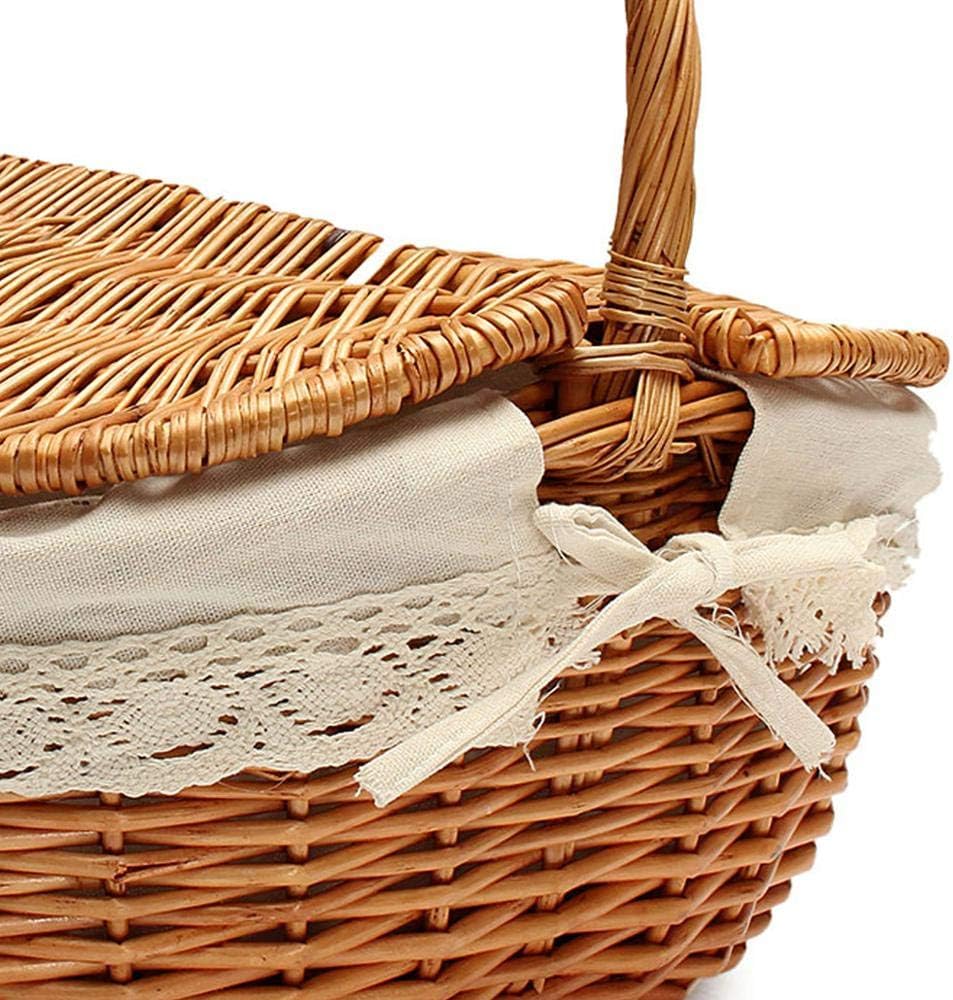 Picnic Baskets Wicker Willow Picnic Basket Hamper as Shopping Bag with Lid and Handle and White Liner for Outdoor Camping Picnic Carrying Food