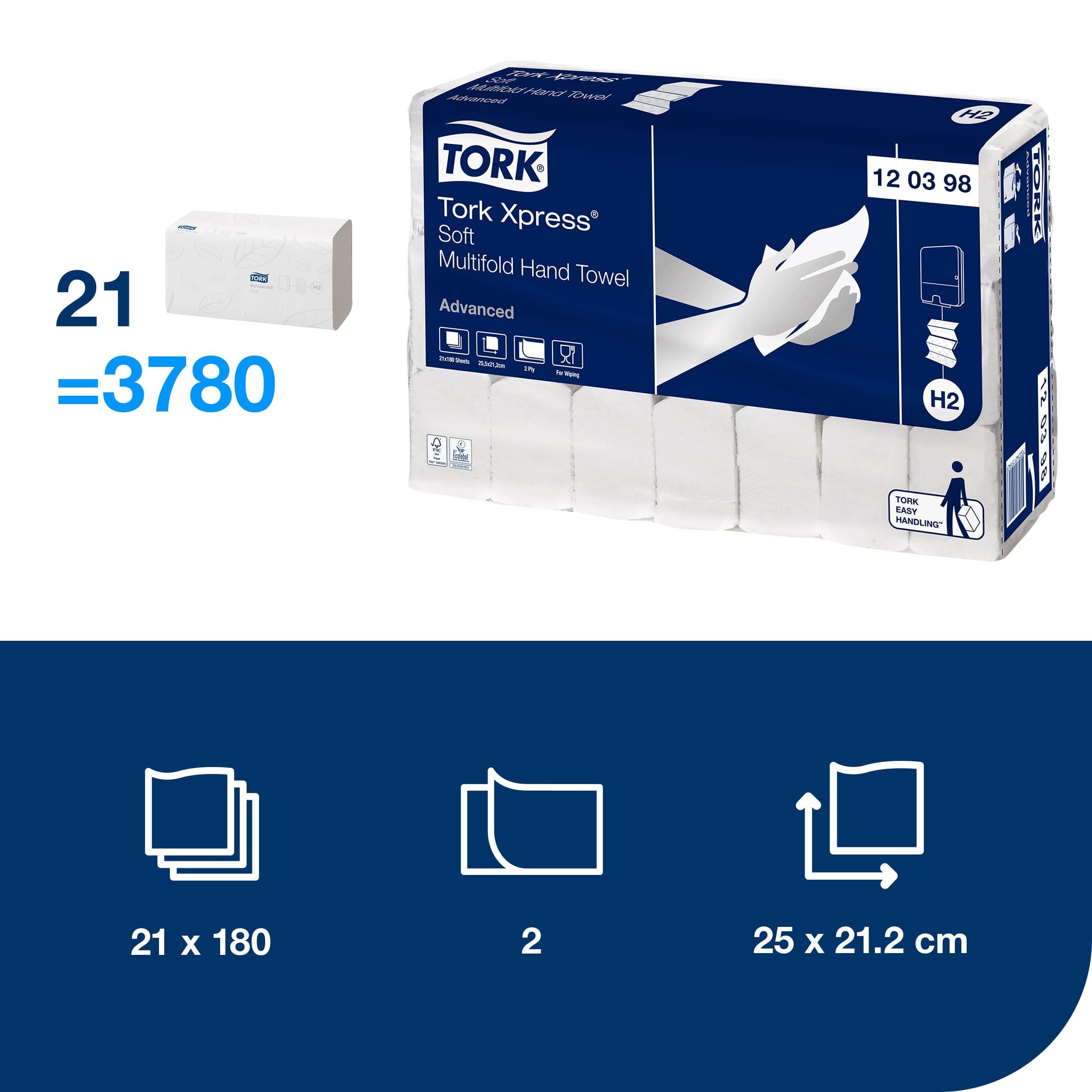 Tork Express Toalla de Mano Entreplegada Suave Blanco H2, Advanced, Toallas de papel plegadas para dispensador, Absorbente, Suave, 2 capas, 21 x 180 servicios, 120398