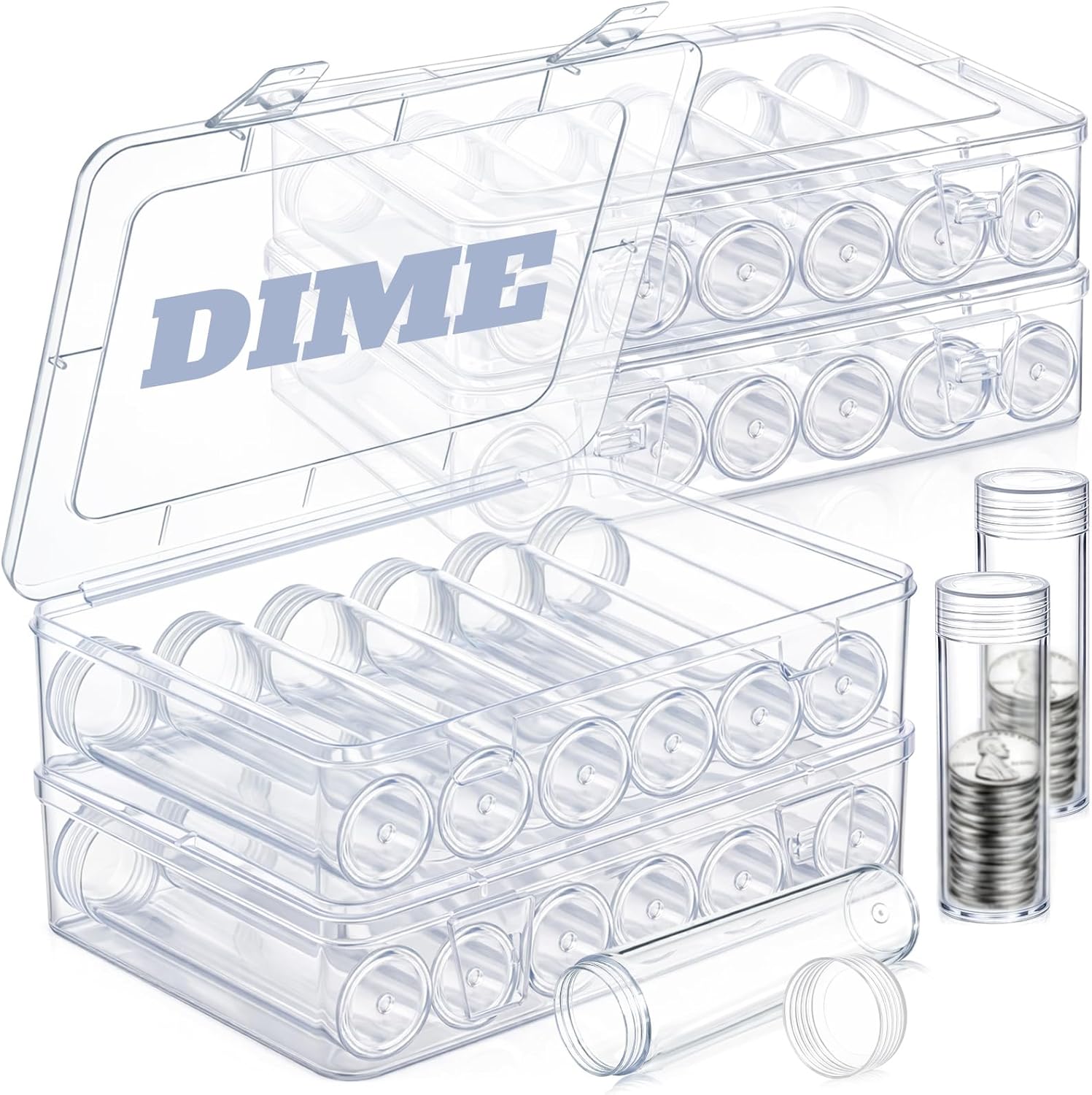 Qunclay 24 Pcs Dime Coin Tubes with 4 Plastic Storage Box Clear Holders with Lid for Coin Supplies Collection