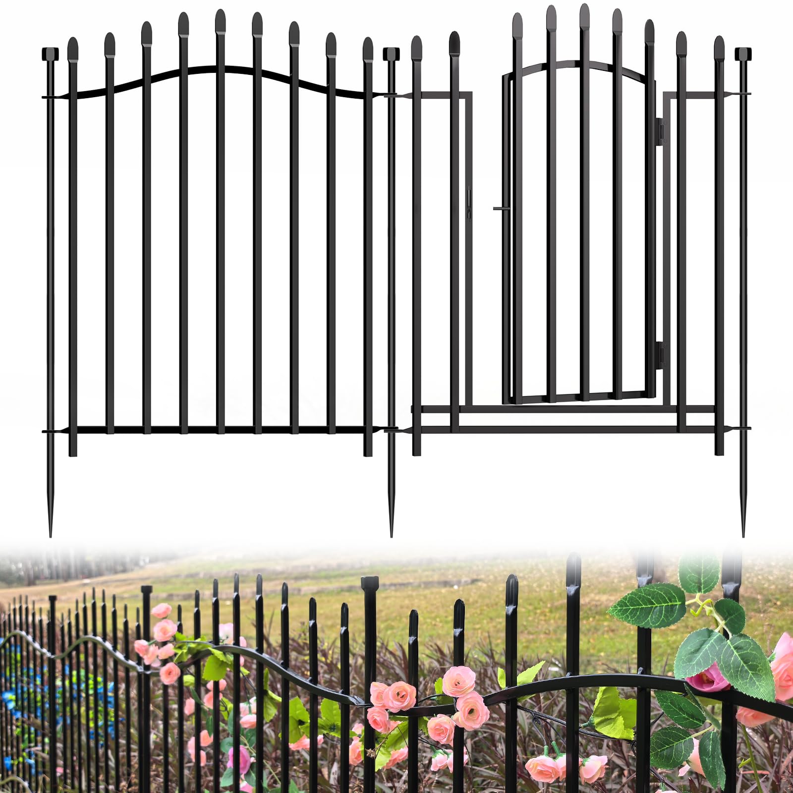 View 1 of 10 Panels No Dig Decorative Garden Fence with Gate - 32in H x 22.5ft L, Reinforced Square Tube Rustproof Tall Animal Barrier for Dogs & Rabbits, Outdoor Yard Border Fencing