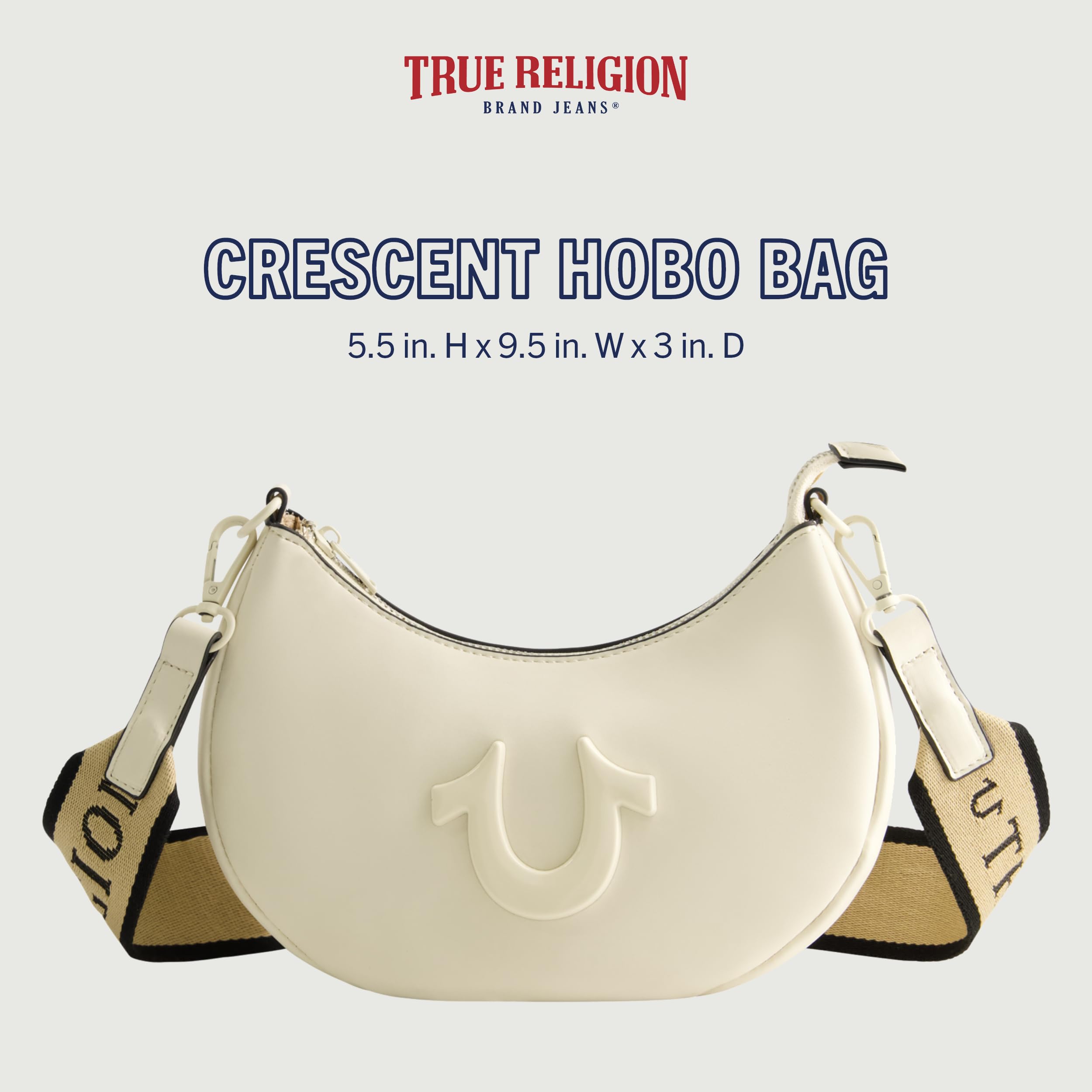 True Religion Damska torebka na ramię, półksiężyc, hobo, z regulowanym odpinanym paskiem i logo w kształcie podkowy