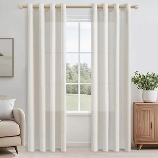 CUTEWIND Linen Curtains Living Room Vorhänge mit Ösen Leinenoptik Halbtransparent, Leinen Vorhang Boho Wohnzimmer Gardinenschals Schlafzimmer 2er Set 215 cm Lang 140 cm Breit, Elfenbeinweiß